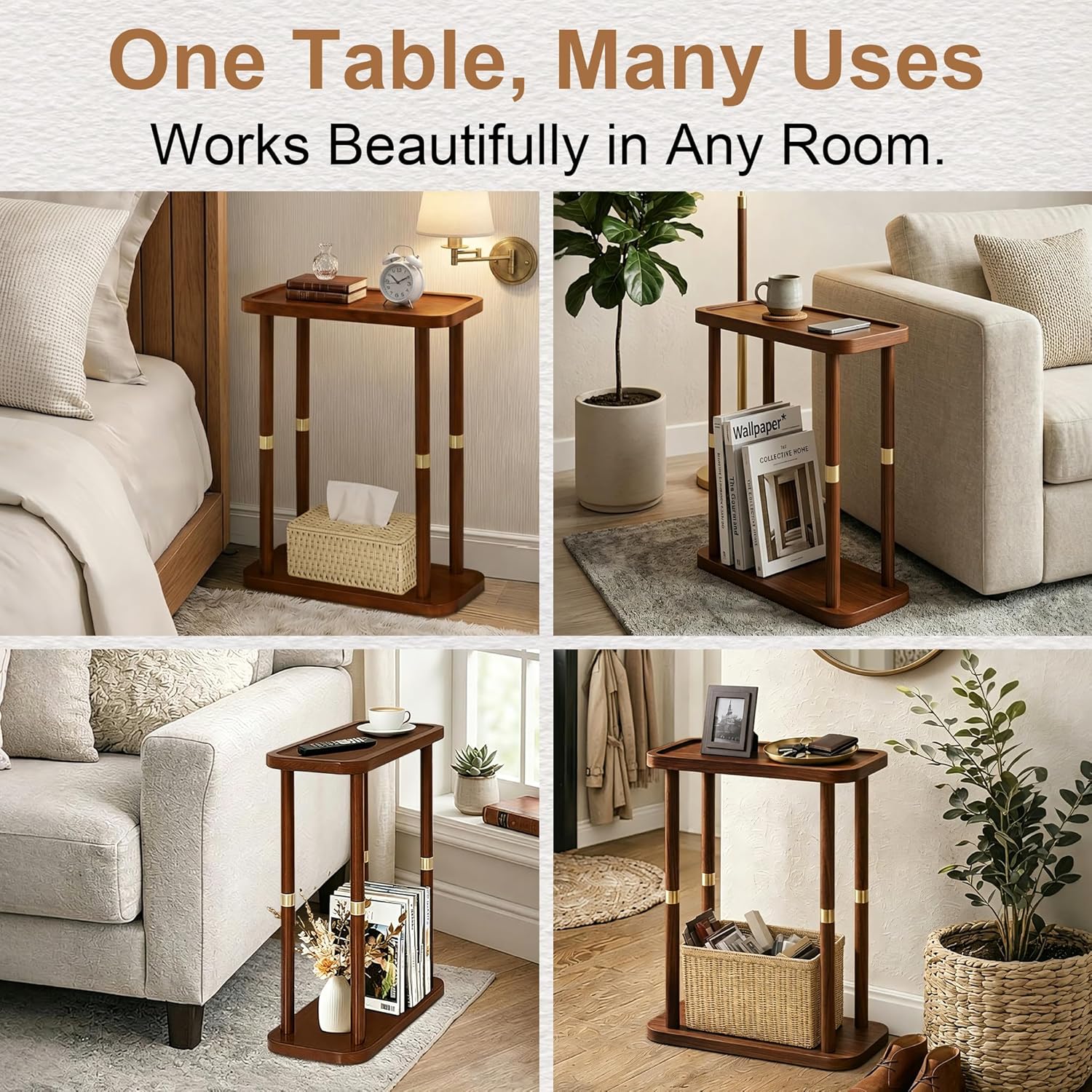 Narrow Side Table, 2-Tier Solid Wood Slim End Table for Small Spaces, 7.5-Inch Skinny Nightstand with Tray Top Storage Shelf for Bedroom, Living Room, Sofa Side, Red Brown