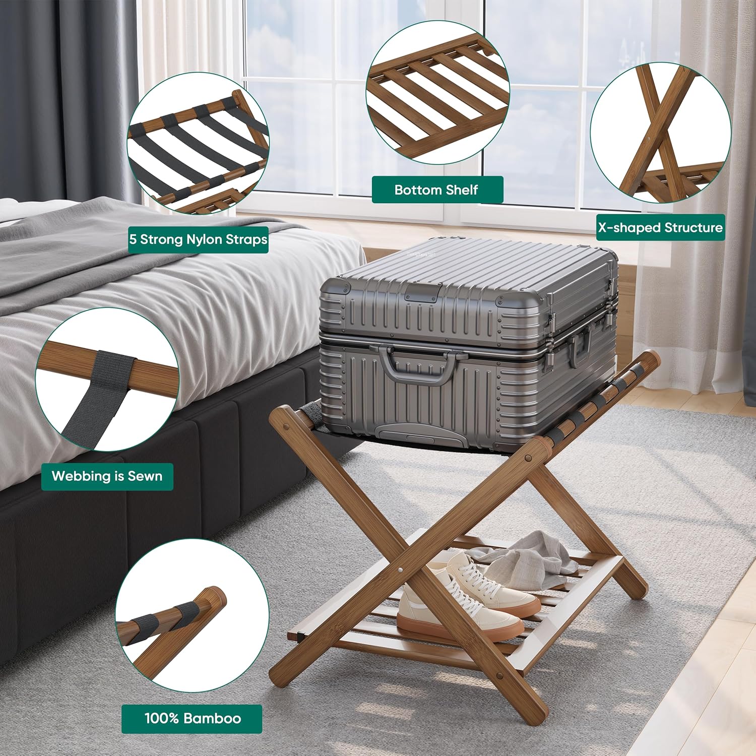 Smuxee Fully Assembled Black Walnut Luggage Rack, Upgraded Bamboo Foldable Suitcase Stand with 5 Nylon Straps, Luggage Holder with Shelf for Guest Room Bedroom Hotel