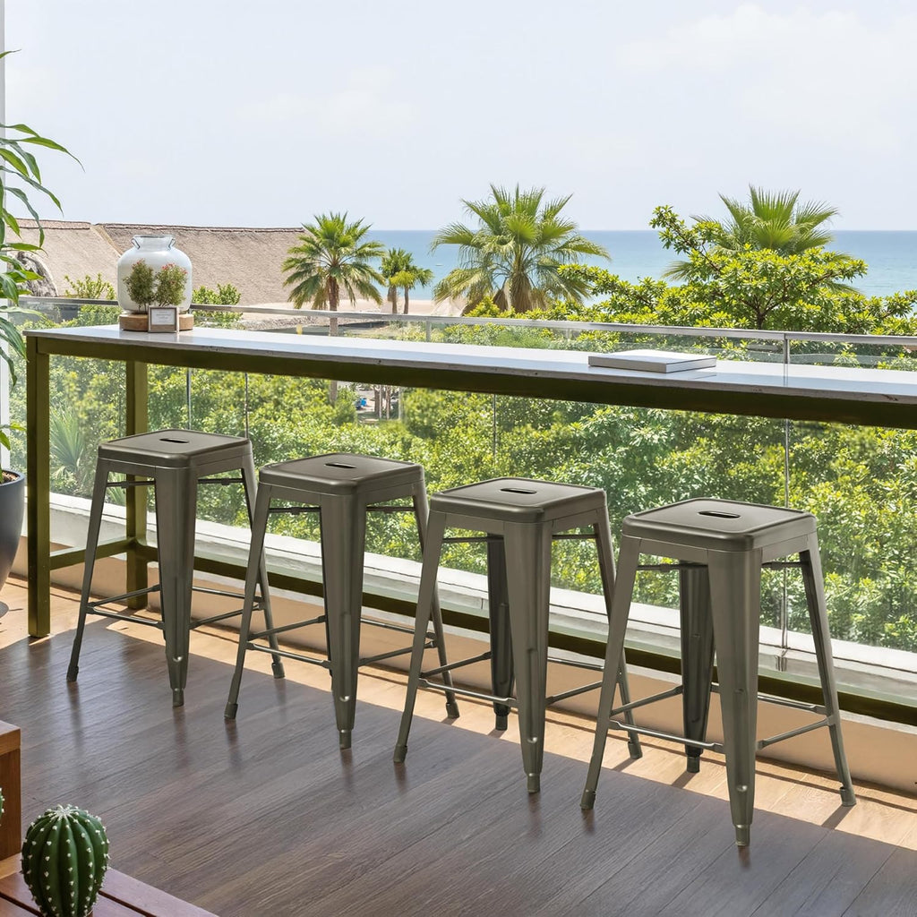 Yaheetech 24'' Metal Bar Stools Counter Height Barstools Set of 4 High Backless Industrial Stackable Chairs for Indoor and Outdoor, Gun Metal