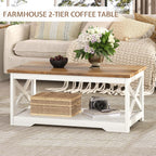 LUXOAK 3-Piece Farmhouse Living Room Table Sets, Includes 1 x Coffee Table, 2 x End Tables with Charging Station & USB Ports, Rustic Coffee Table Set of 3, Distressed White