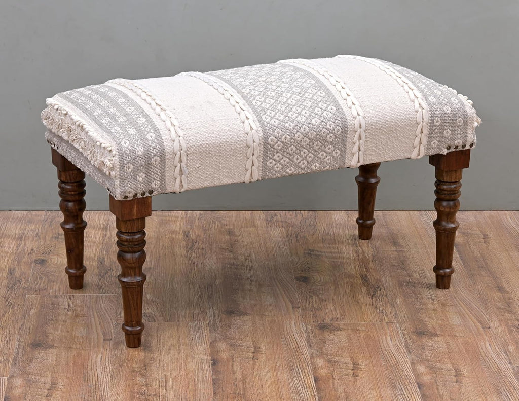 Entryway Mango Wooden Bench Table for Home Dining Room Bedroom| 2 Seater Bench | Modern Design Handmade Cotton Fabric upholstered 31.4" D x 15.7" W x 17.7" H(White)