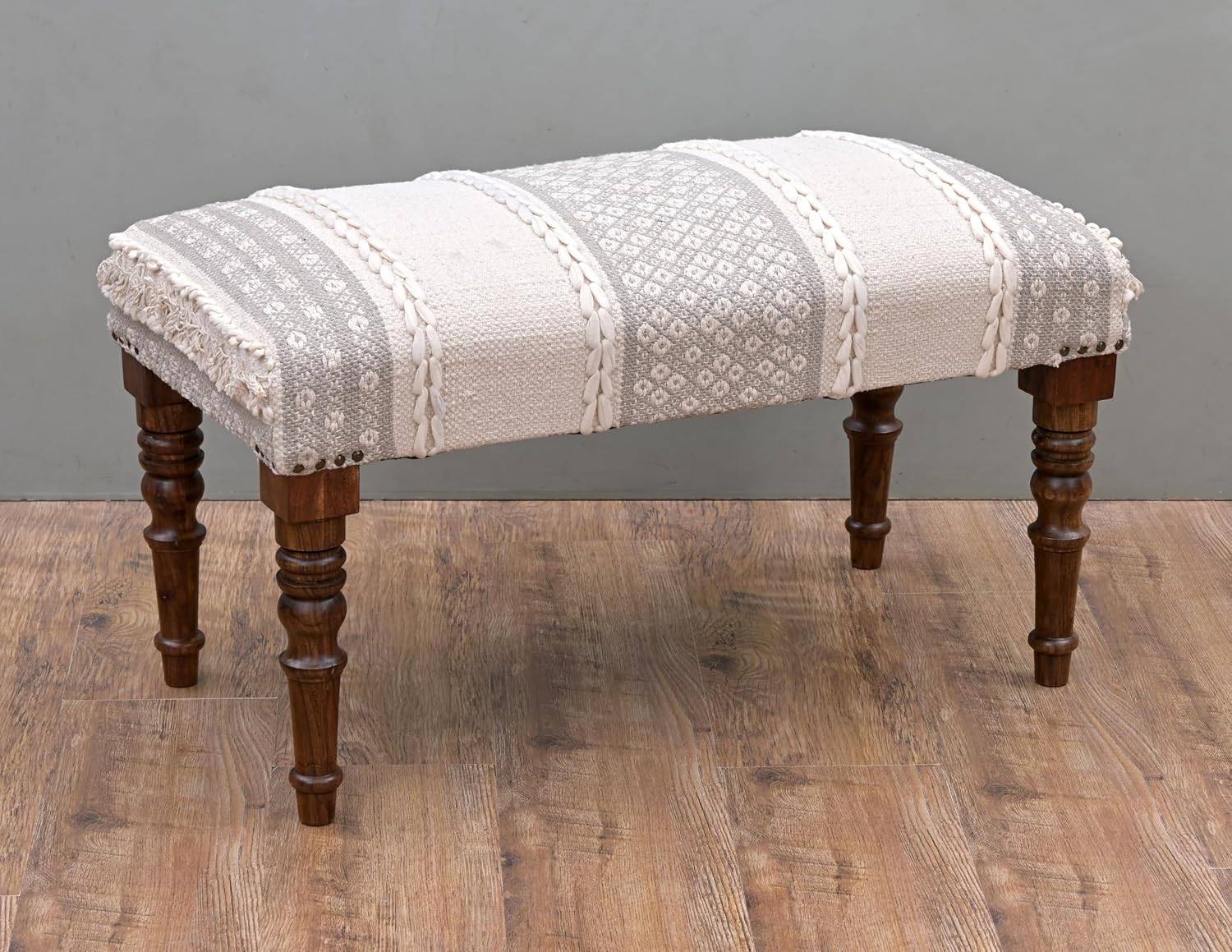 Entryway Mango Wooden Bench Table for Home Dining Room Bedroom| 2 Seater Bench | Modern Design Handmade Cotton Fabric upholstered 31.4" D x 15.7" W x 17.7" H(White)