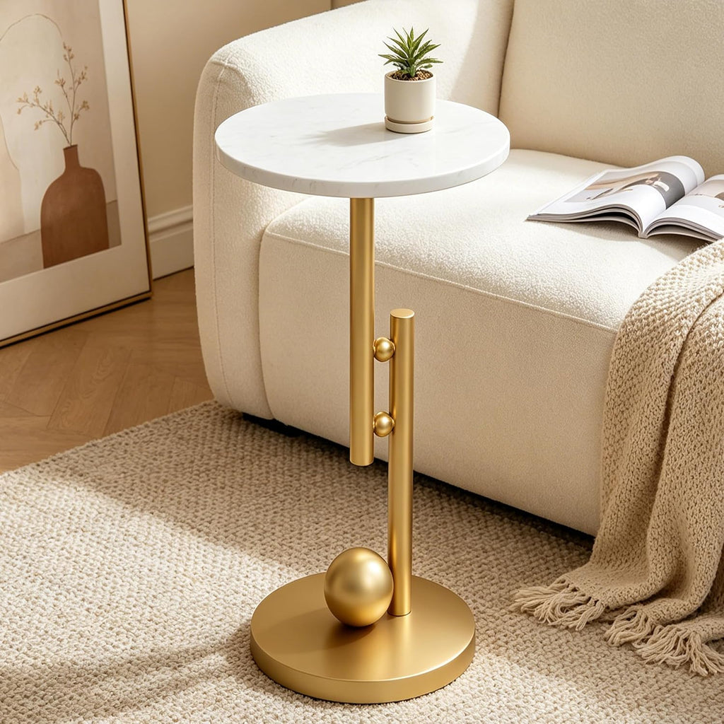 Small Marble End Table, Round Side Table, Modern Drink Table, Pedestal Accent Table for Living Room, Bedroom, Sofa Side, Nightstand for Small Spaces, Easy Assembly, White and Gold