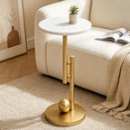 Small Marble End Table, Round Side Table, Modern Drink Table, Pedestal Accent Table for Living Room, Bedroom, Sofa Side, Nightstand for Small Spaces, Easy Assembly, White and Gold