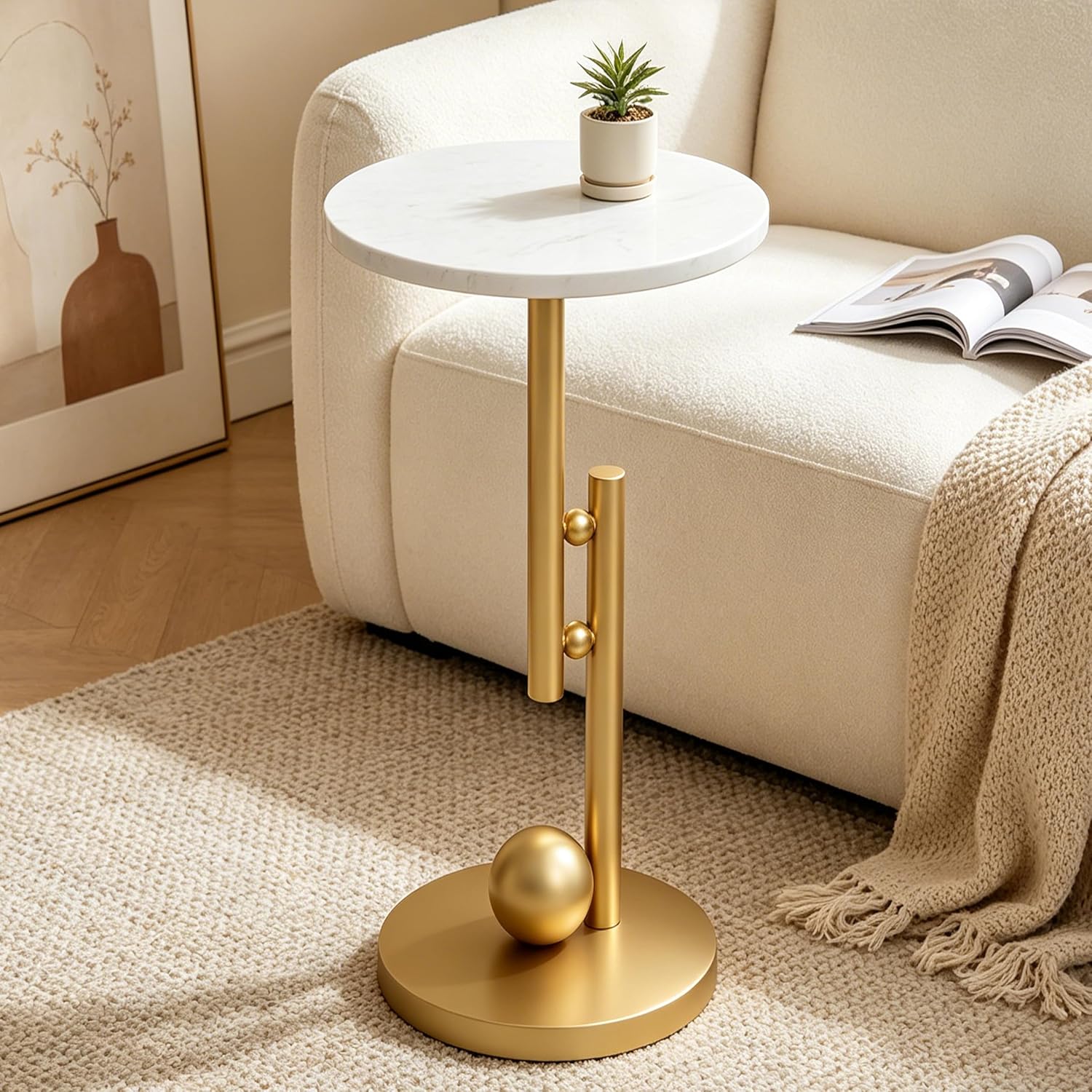 Small Marble End Table, Round Side Table, Modern Drink Table, Pedestal Accent Table for Living Room, Bedroom, Sofa Side, Nightstand for Small Spaces, Easy Assembly, White and Gold