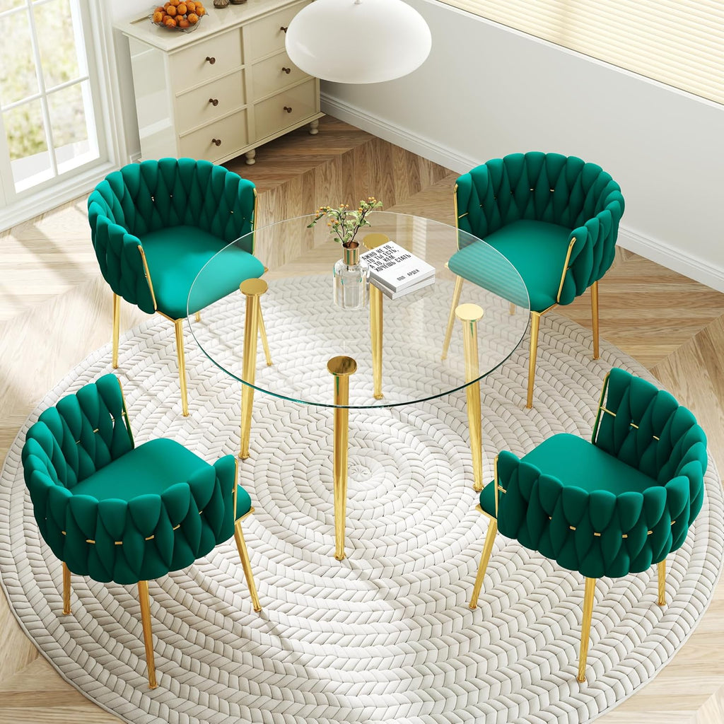 Gold Glass Round Dining Set for 2, 36'' Modern Minimalist Luxury Circle Dinner Room Set, 3 Piece Clear Glass Circular Kitchen Table with Green Woven Chair Set, for Small Apartment Home