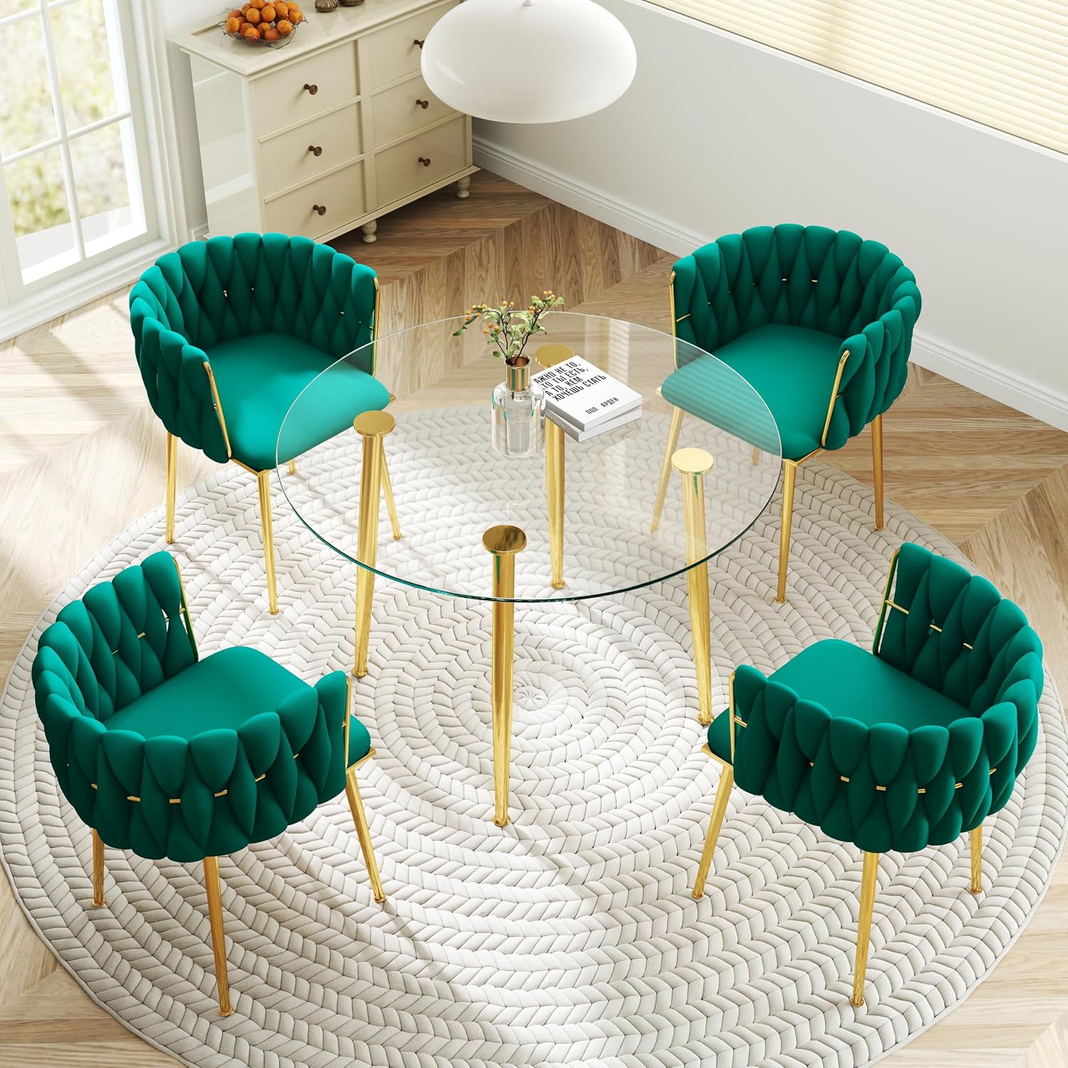 Gold Glass Round Dining Set for 2, 36'' Modern Minimalist Luxury Circle Dinner Room Set, 3 Piece Clear Glass Circular Kitchen Table with Green Woven Chair Set, for Small Apartment Home
