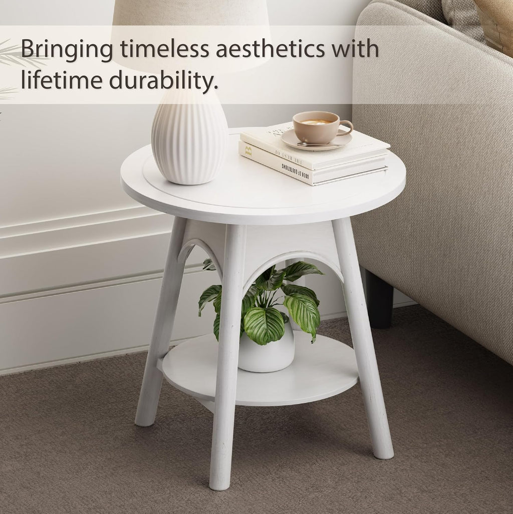 COZAYH Modern White Round End Table with Shelf, Distressed Farmhouse Accent Side Table for Bedroom, Sofa or Office