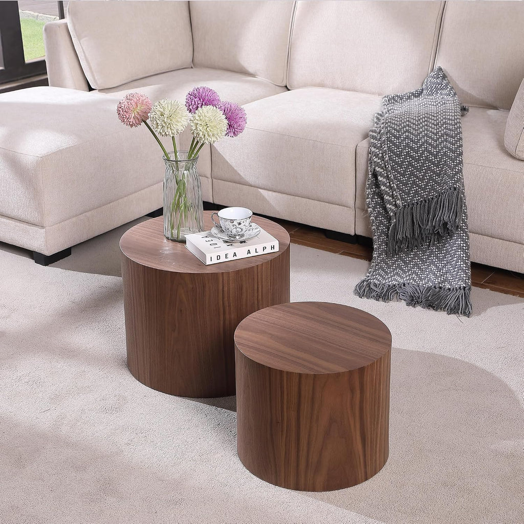 Nesting Coffee Table Set of 2, Wood Round Coffee Table, Modern Coffee Table for Small Space Living Room, Walnut