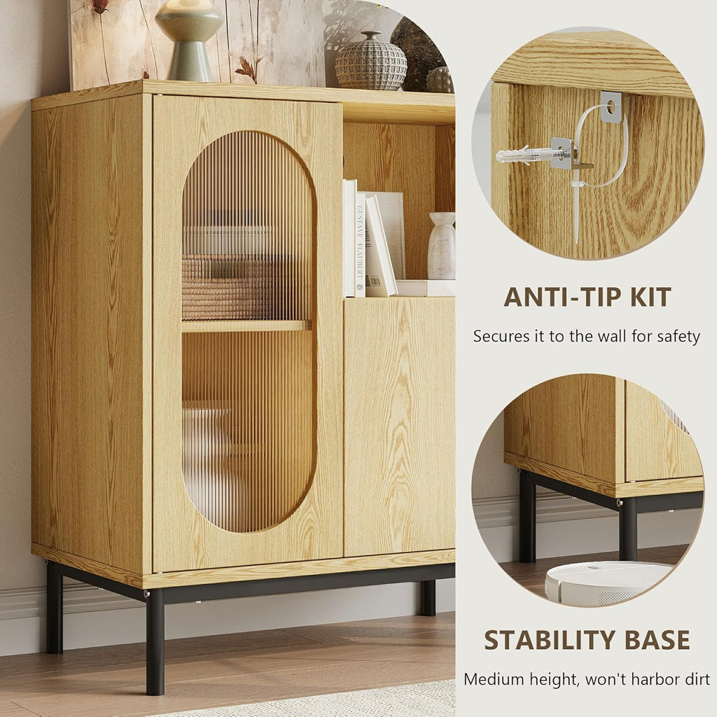 Einhomn Sideboard Buffet Cabinet with Fluted Glass Doors and Adjustable Shelf, Wood Modern Accent Cabinet with Storage for Kitchen, Living Room, Entryway, Natural