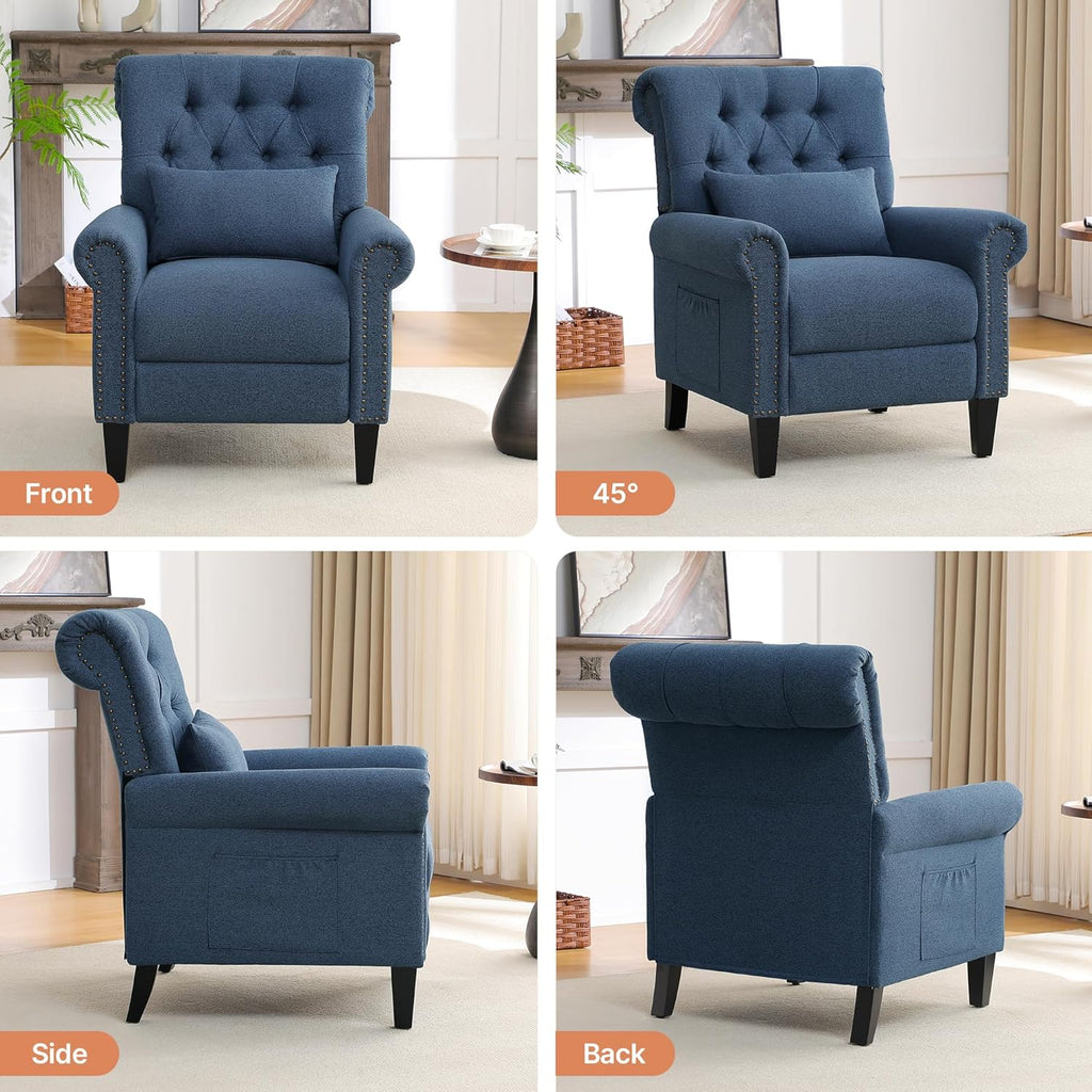 Pushback Recliner Chair, Accent Push Back Chair with Adjustable Footrest, Upholstered Linen Fabric Reclining Sofa with Side Pocket, Comfy Modern Armchair for Living Room, Navy Blue
