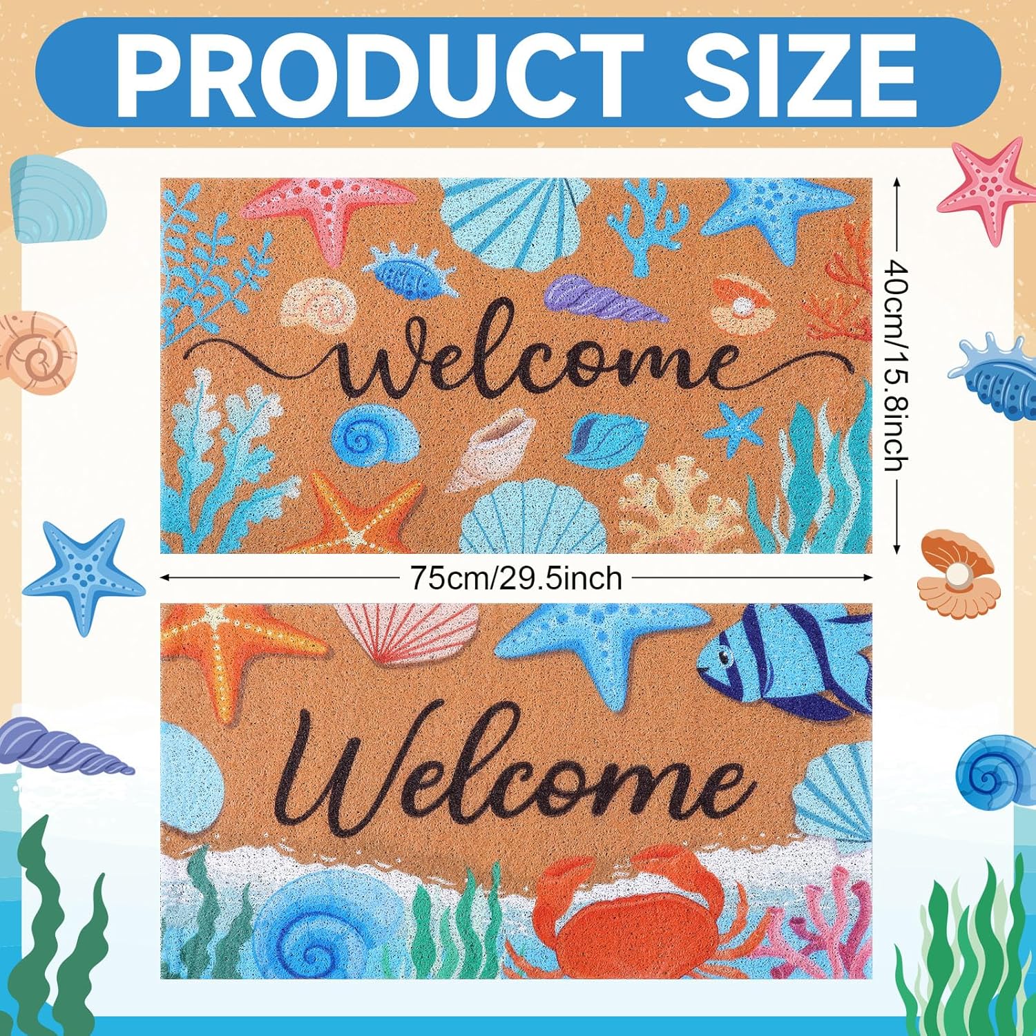 Booson 2 Pcs Welcome Mat Front Door Coastal Beach Coir Doormat Starfish Seashell Non Slip Entrance Door Rugs for Summer Outdoor Indoor Holiday Home Bathroom Decoration 29.5 x 15.8 inch
