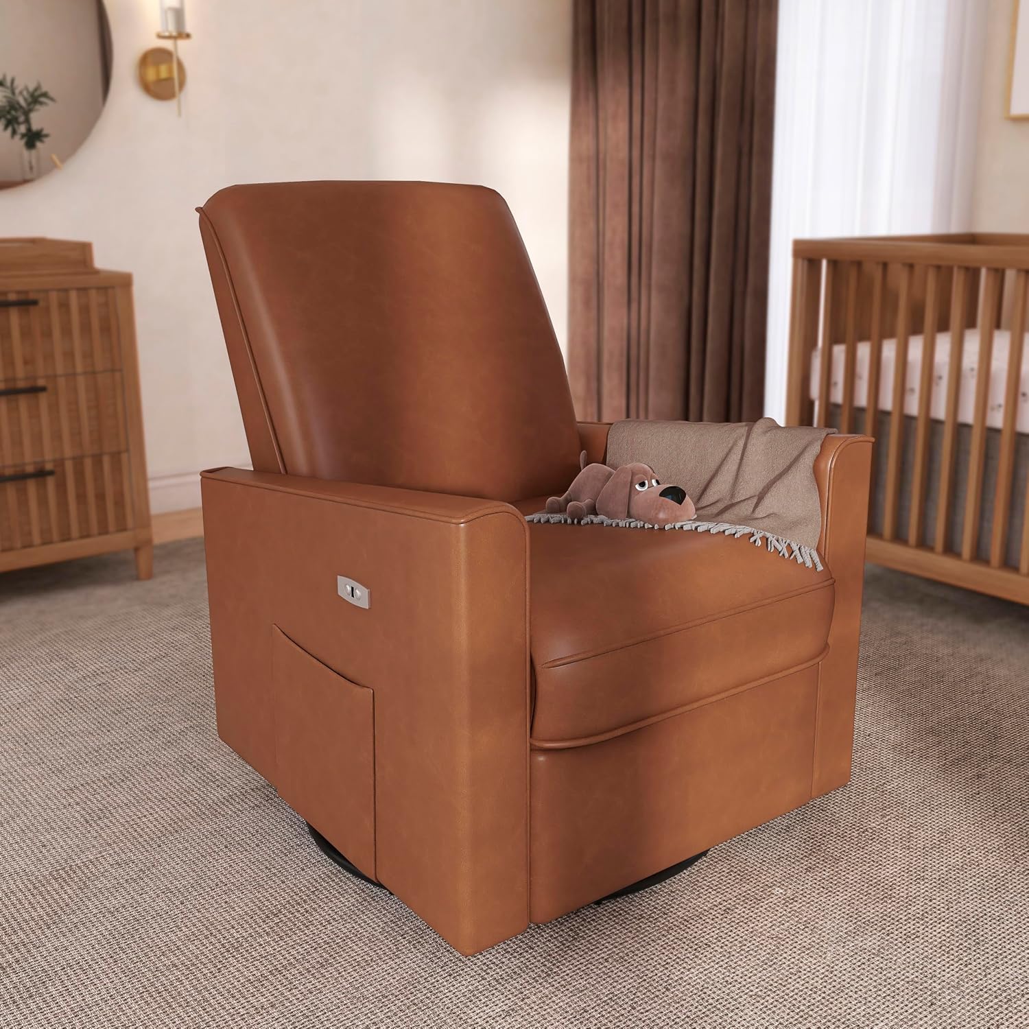 Evolur Harlow Upholstered Power Glider Recliner with USB Charging – Rocking & 275° Swivel with Smooth Glide – Greenguard Gold & FSC Certified – Modern Nursery and Living Room Chair in Cognac
