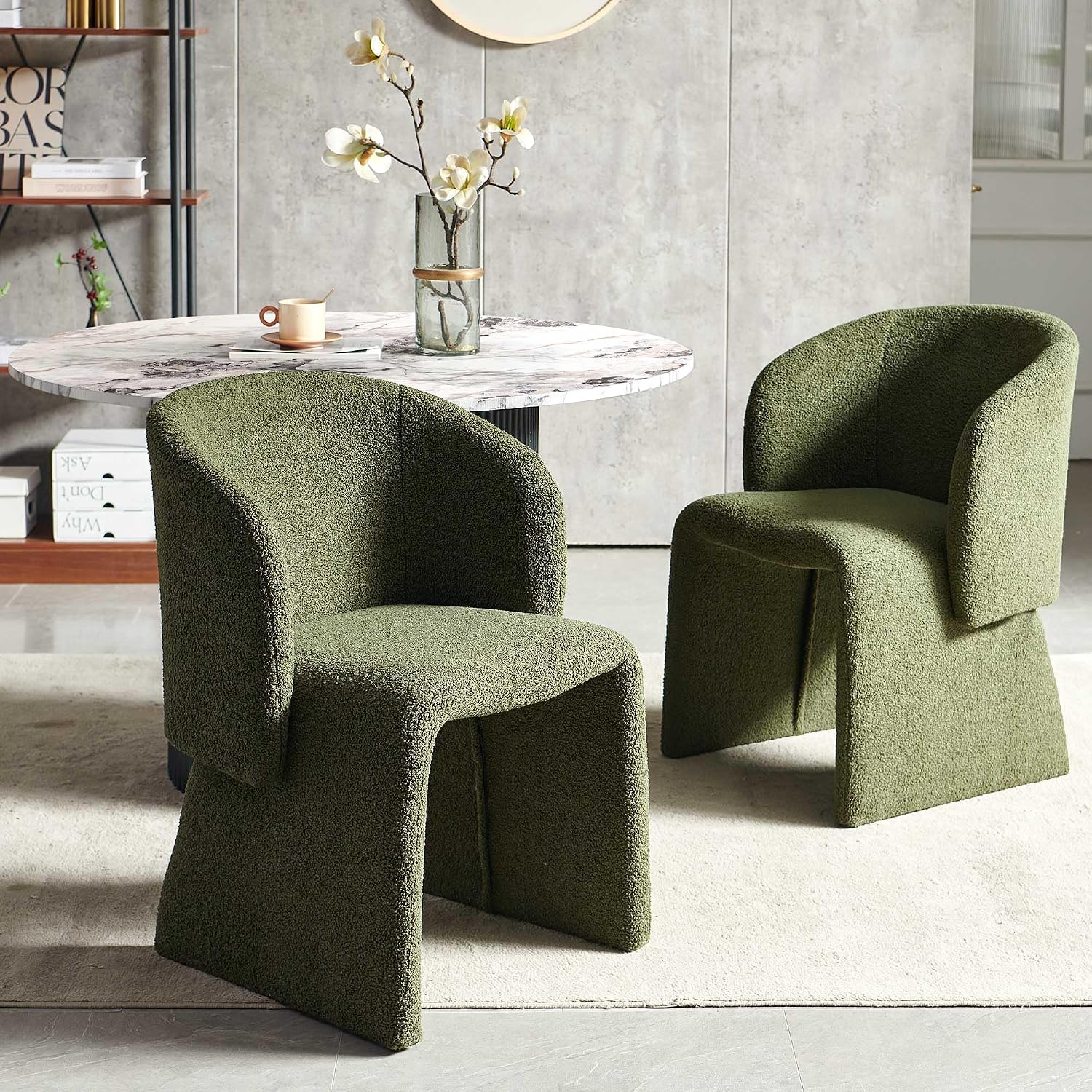 NORDICANA 3-Piece Round Dining Table Set for 2, Modern 47-Inch Kitchen Table and Chair Set, Dining Set with Dark Green Upholstered Armchairs, Manufactured Wood Top with White Marble Effect Finish
