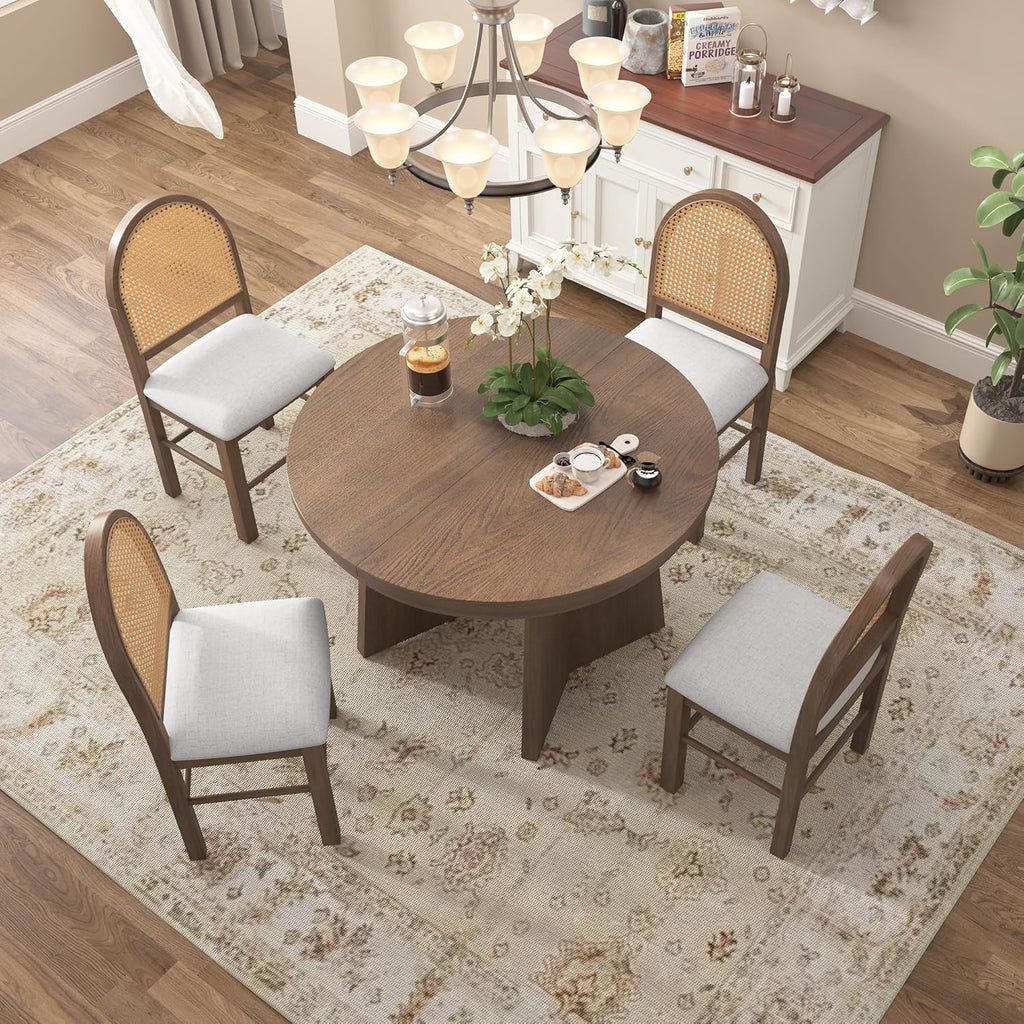 Harper & Bright Designs 5-Piece Extendable Round Dining Table Set for 4, Modern Kitchen Table Set with 4 Upholstered Chairs, Kitchen Table and Chairs Set for Kitchen Dining Room Home, Walnut+Beige