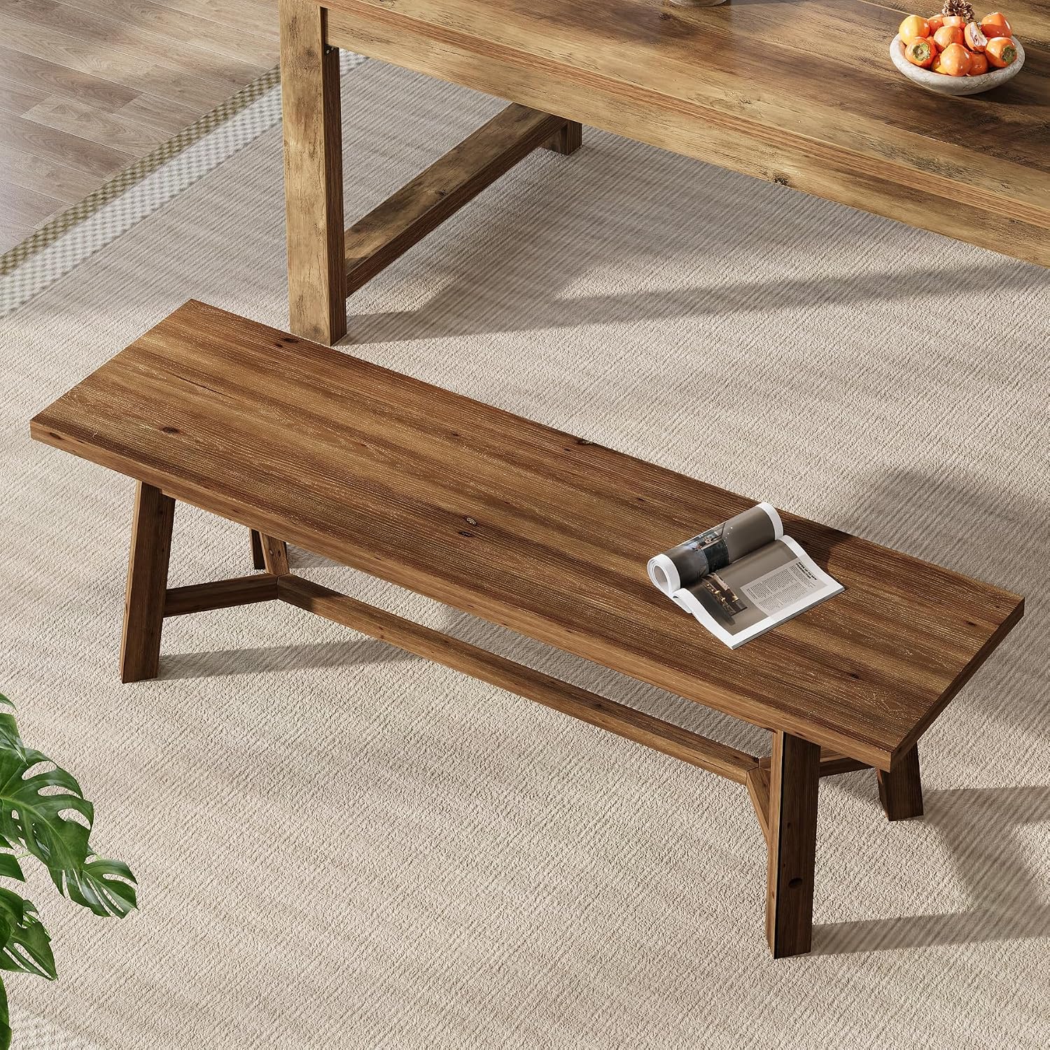 55" Solid Wood Bench, Farmhouse Long Bench Seat for Entryway, Dining Room, Living Room, Solid Wood, Dark Brown