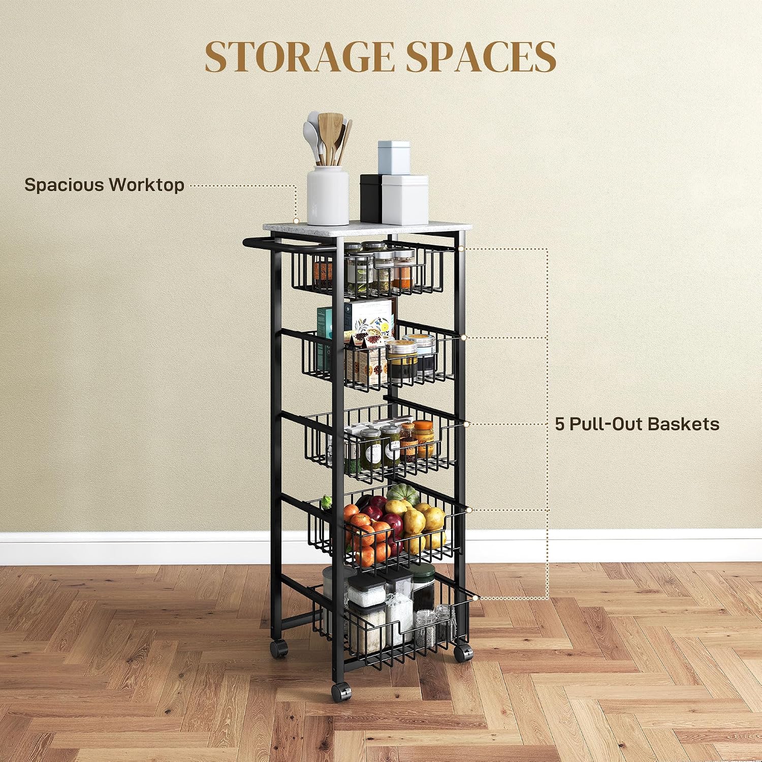 HOMCOM 5-Tier Kitchen Island on Wheels, Rolling Kitchen Storage Trolley with 5 Pull-Out Mesh Baskets, Mobile Utility Serving Cart, Light Grey