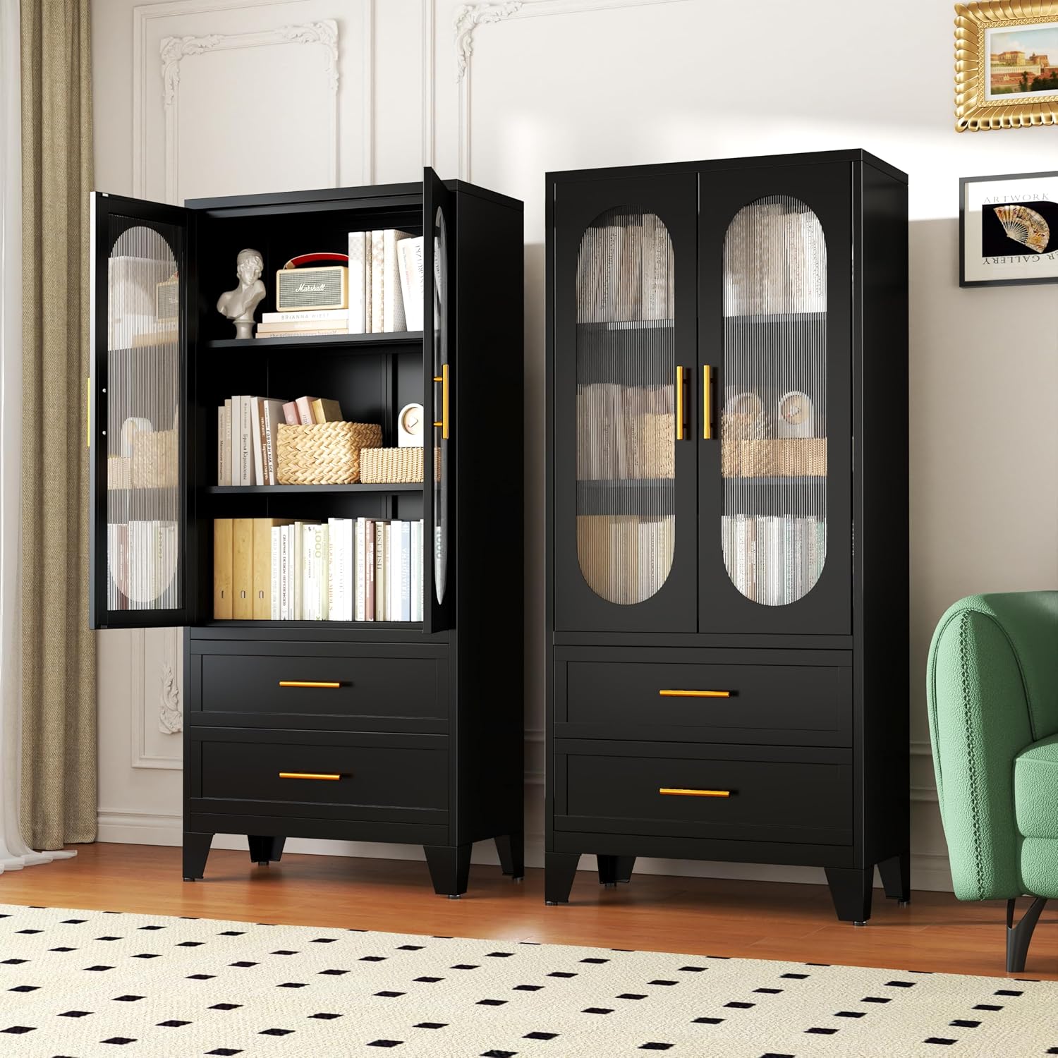 winiowa 61" Tall Kitchen Pantry Storage Cabinet, Black Metal Storage Cabinet with Adjustable Shelves & Glass Doors & Drawers, Food Pantry Cabinets for Kitchen, Bathroom, Dinning Room, Living Room