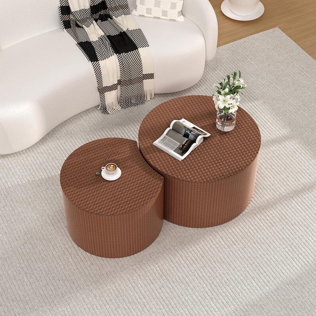 Round Coffee Table Set of 2 Modern Nesting Coffee Tables Drum Coffee Tables with Non-Slip Feet, Circle Nesting Tables End Table for Living Room Office, No Assembly (Brown 26.8"+18.3")