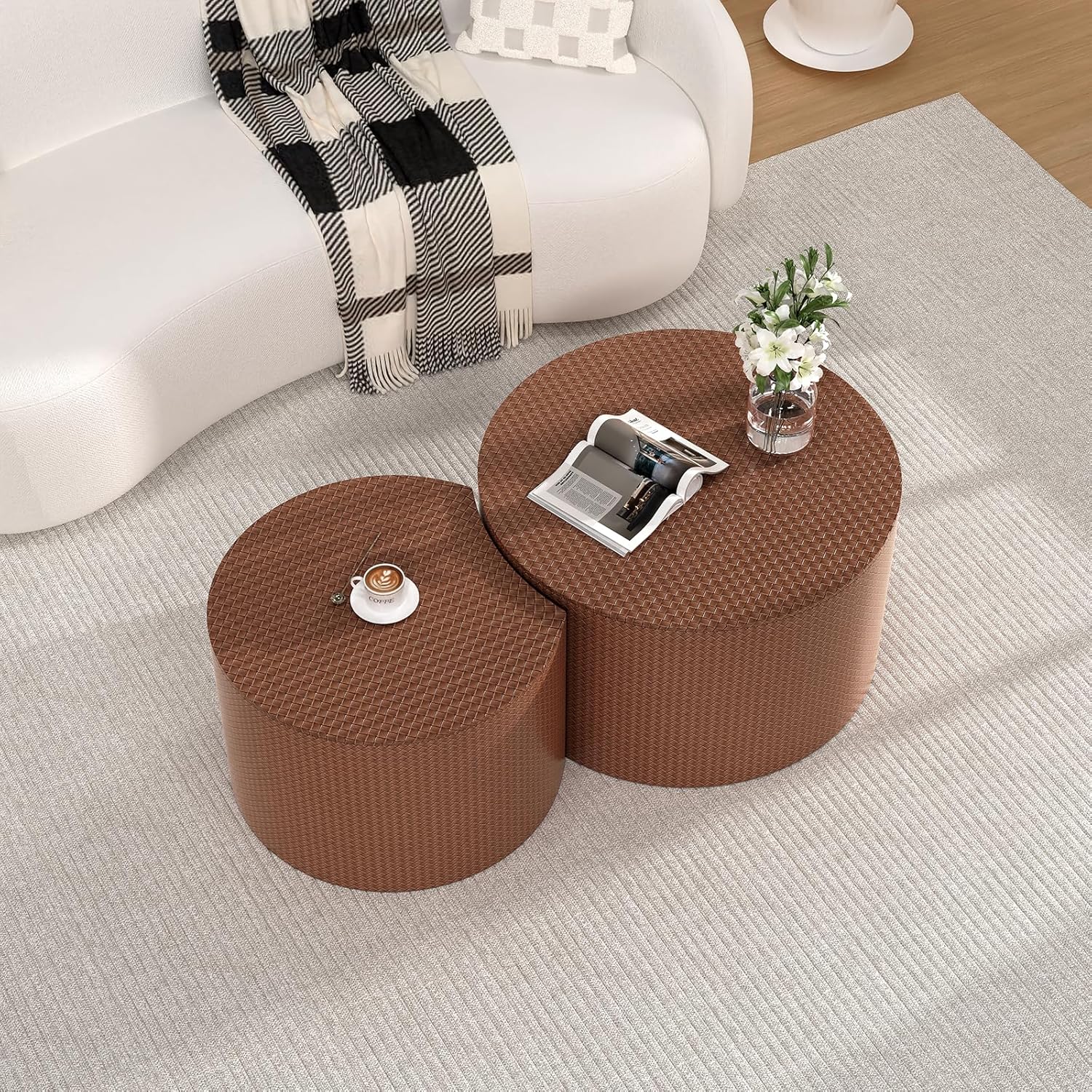Round Coffee Table Set of 2 Modern Nesting Coffee Tables Drum Coffee Tables with Non-Slip Feet, Circle Nesting Tables End Table for Living Room Office, No Assembly (Brown 26.8"+18.3")