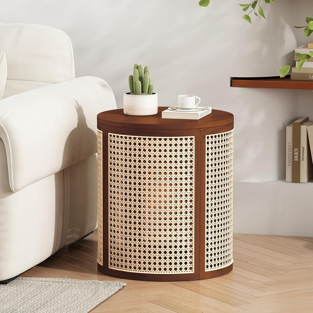 ø15.7'' Round Rattan Side Table End Table, Hollow Woven Nightstand with Lift-Off Lid Storage, Modern Framhouse Countryside Boho Circle Style for Living Room, Easy Assembly, Dark Brown