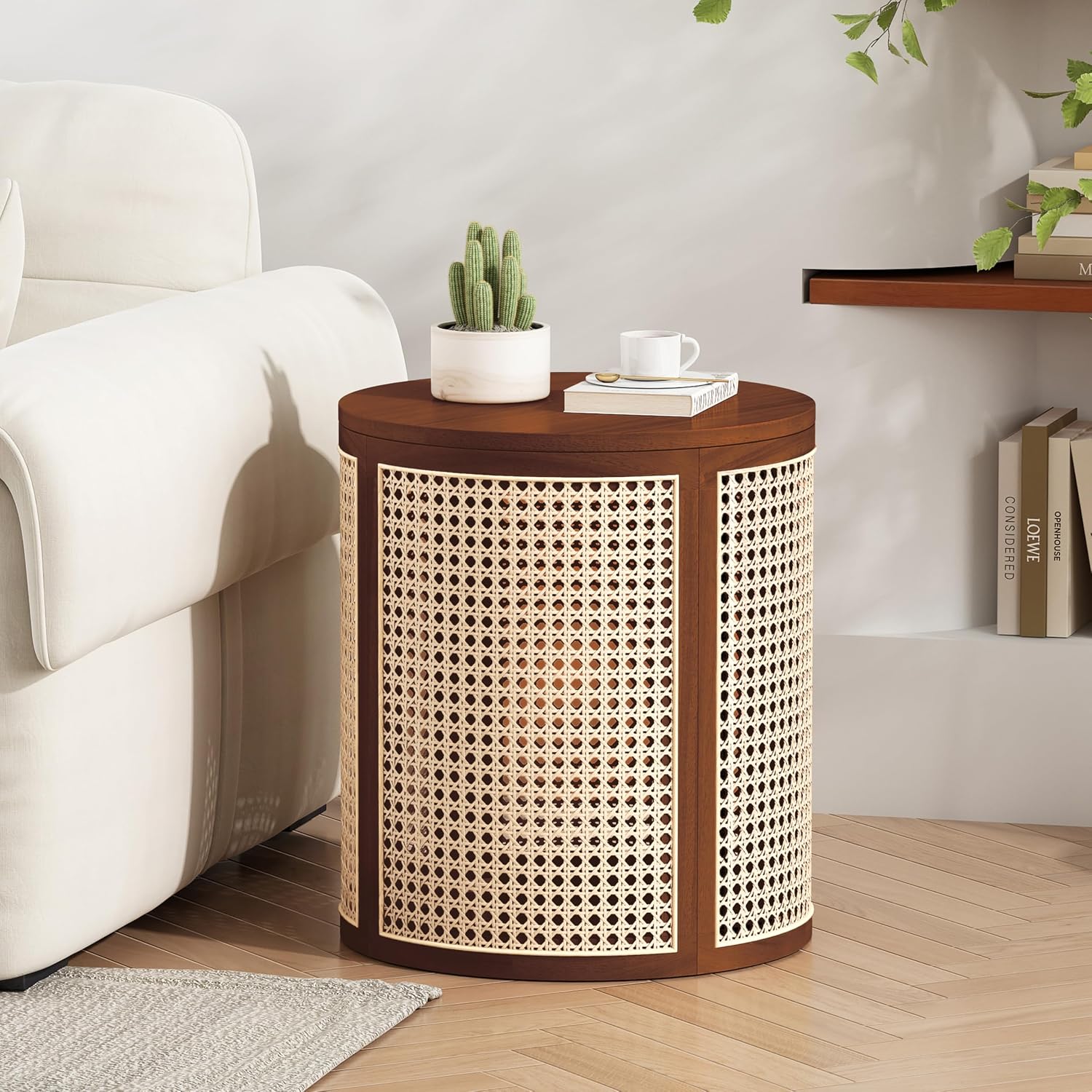 ø15.7'' Round Rattan Side Table End Table, Hollow Woven Nightstand with Lift-Off Lid Storage, Modern Framhouse Countryside Boho Circle Style for Living Room, Easy Assembly, Dark Brown