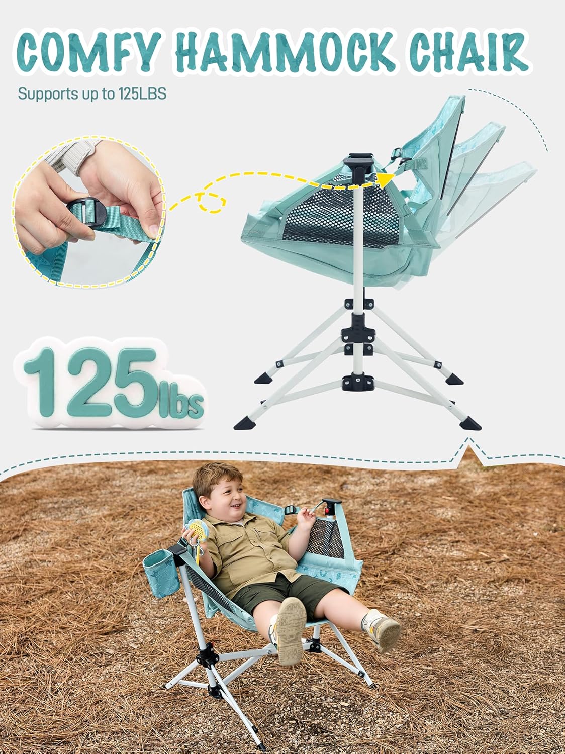 EVER ADVANCED Kids Hammock Chair Foldable, Kids Camping Chair with Stand Portable, Hammock Swing Chair with Cup Holder, Child Camping Gear Carry Bag for Traveling Outdoor Patio Supports 125LBS Green