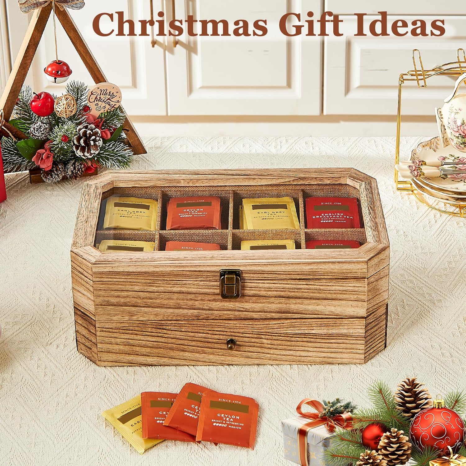 Tea Bag Organizer, Solid Wood 2 Layer Tea Box Organizer Storage, Christmas Gift Tea Bag Holder with Drawer Acrylic Window, Tea Organizer Caddy