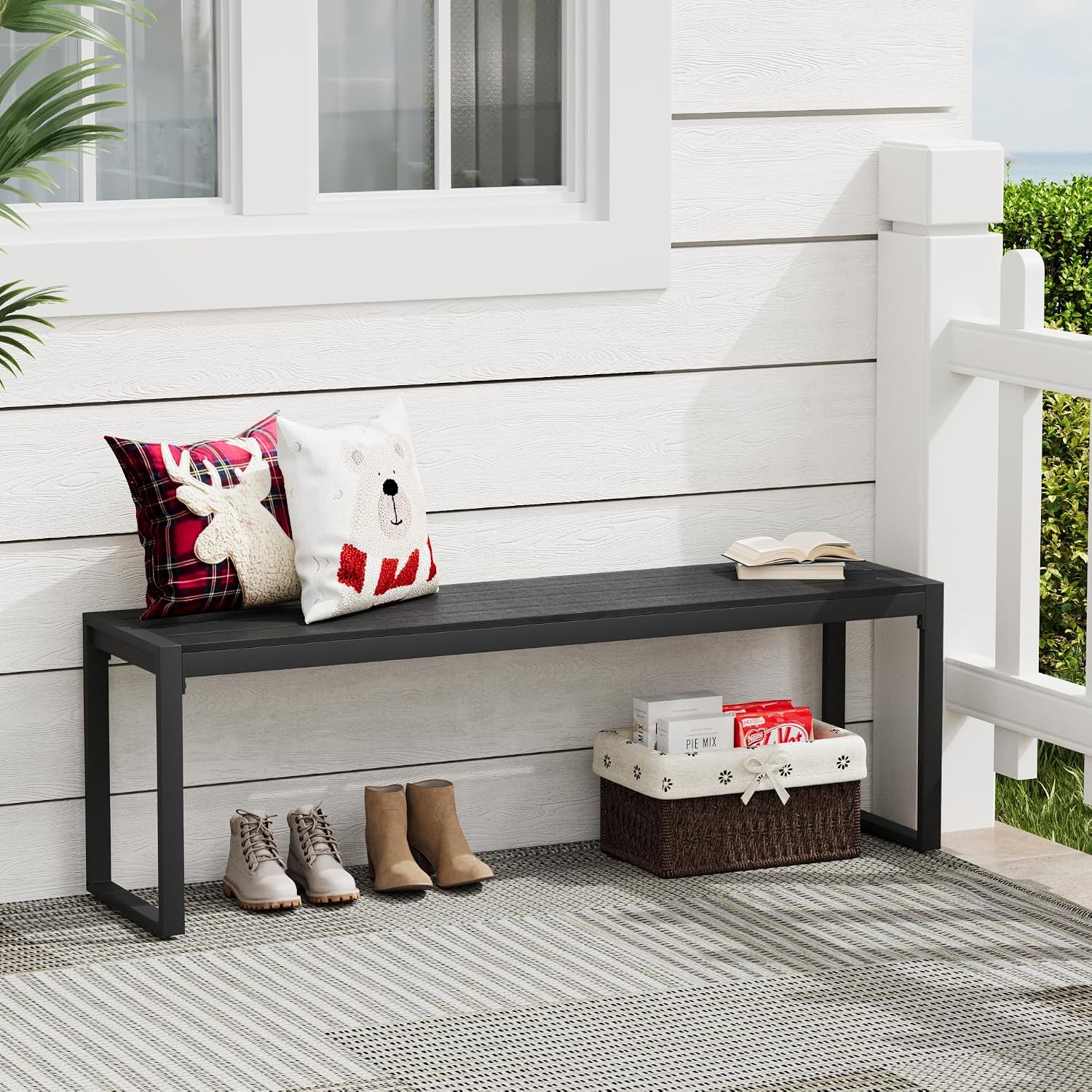 Outdoor Patio Backless Bench Set of 2, 53.2" All-Weather Long Metal Garden Bench Seat for Backyard, Porch,Lawn, Black