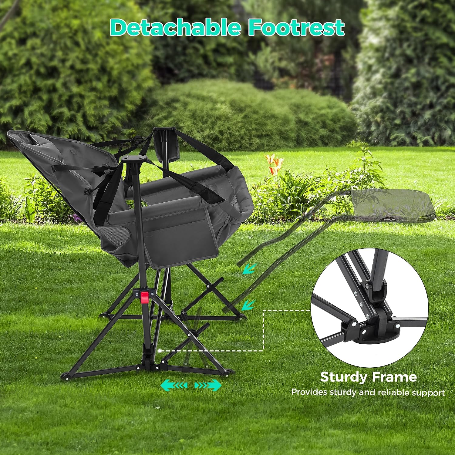 Ainfox Hammock Camping Chair with Footrest, Foldable Portable Rocking Chairs for Adults Outside Swinging Camp with Cup Holder Pillow for Outdoor Patio Poolside (Dark Grey)