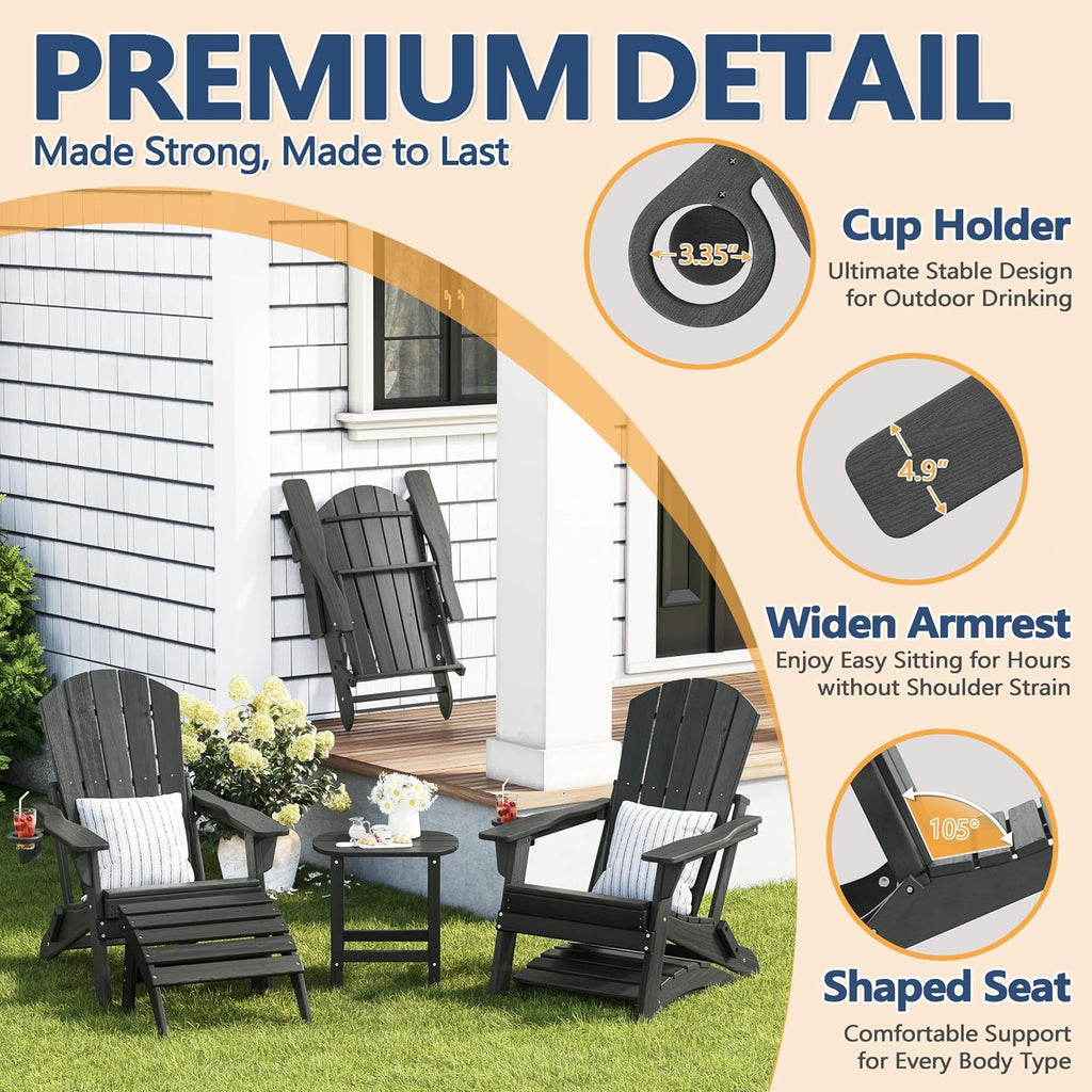 Folding Adirondack Chair with Cup Holder, HDPE All Weather Resistant Plastic Outdoor Patio Chairs, Heavy Duty Fire Pit Seating for Backyard Lawn Garden, Wooden Textured Design(Grey)