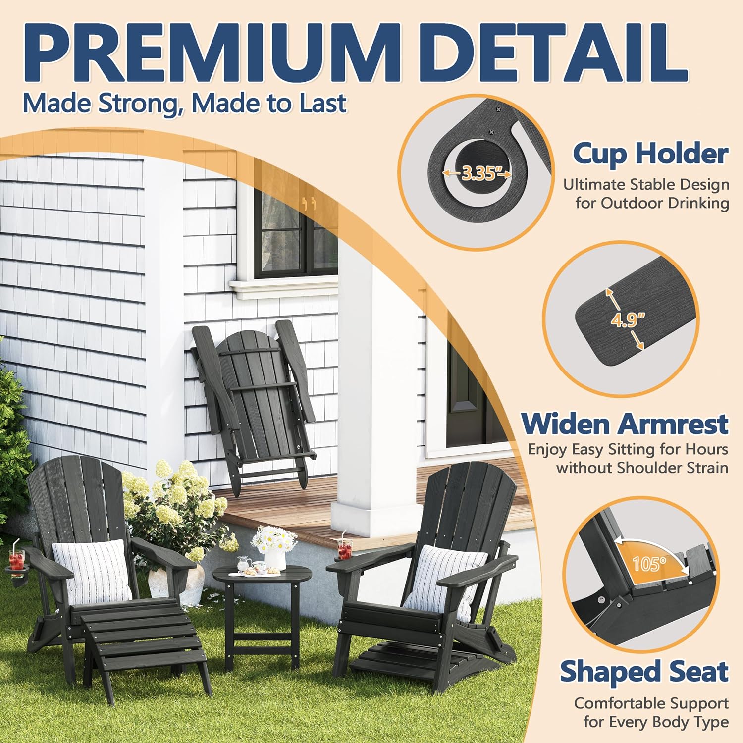 Folding Adirondack Chair with Cup Holder, HDPE All Weather Resistant Plastic Outdoor Patio Chairs, Heavy Duty Fire Pit Seating for Backyard Lawn Garden, Wooden Textured Design(Grey)