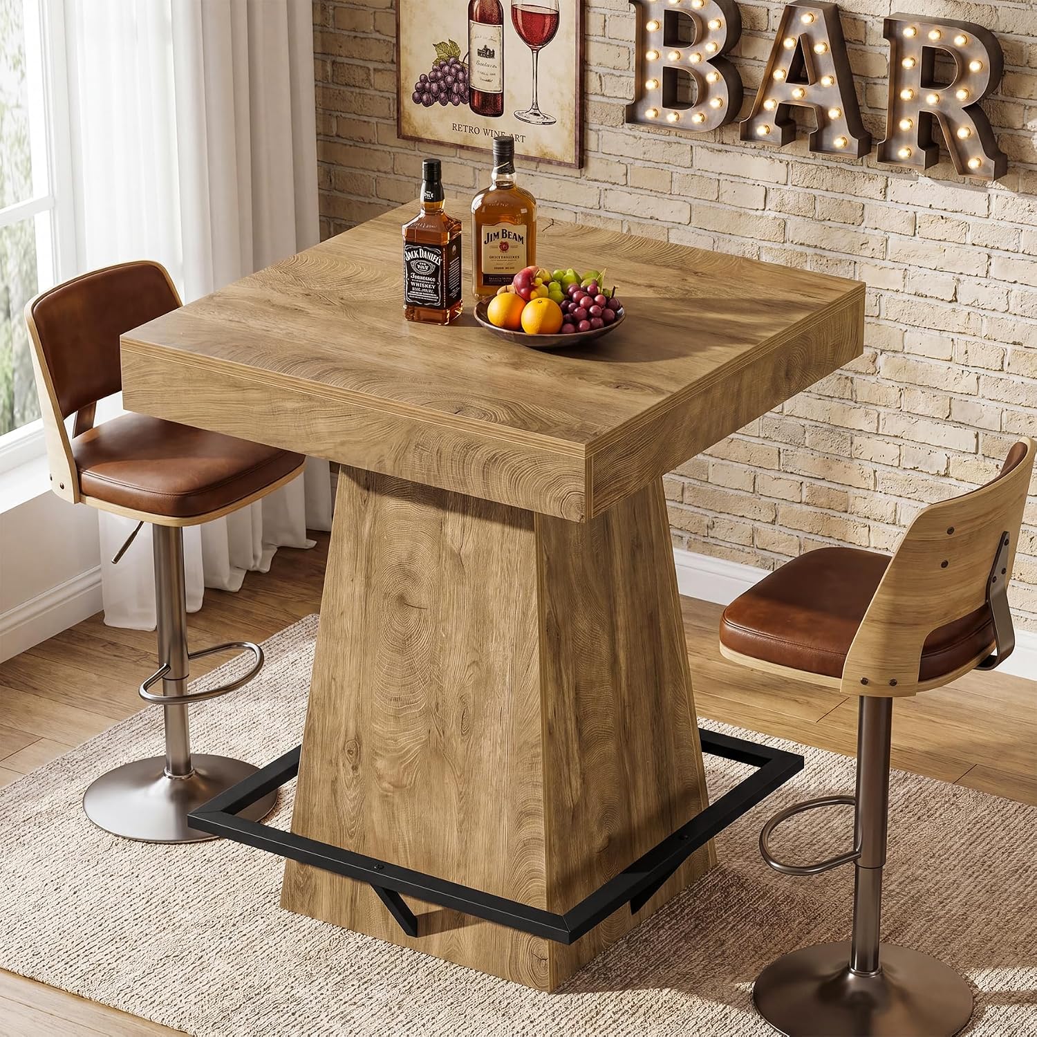 Tribesigns Square Bar Table, 37.4-Inch High Pub Table with Metal Footrest for Small Bars, Dining Room, Bistro, Kitchen, Light Brown(Only Table)