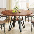 LIKIMIO 47.2" Round Dining Table for 4, Kitchen Table with Rattan Storage Shelf, Space Saving, Farmhouse Wood for Dining Room, Living Room,Walnut