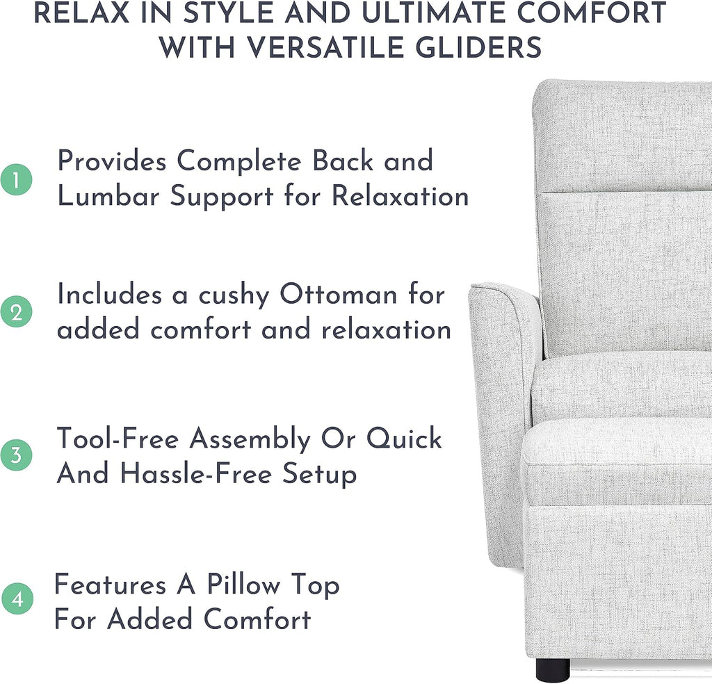 Evolur Aria Upholstered Plush Seating Glider Swivel with Ottoman in Fog Grey, Greenguard Gold Certified Modern Nursery Chair with Side Pockets, Tool-Free Assembly, Easy to Clean