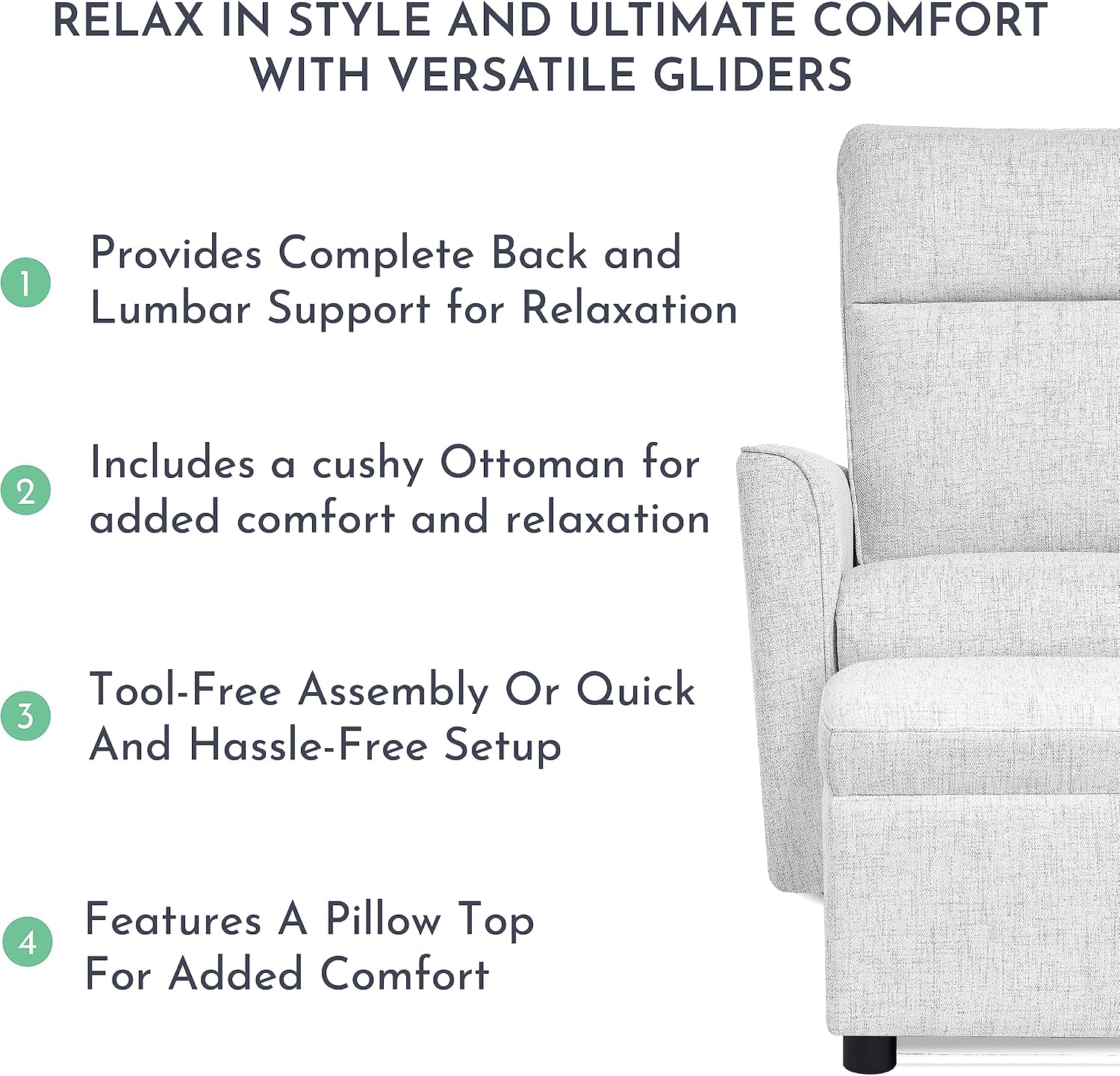 Evolur Aria Upholstered Plush Seating Glider Swivel with Ottoman in Fog Grey, Greenguard Gold Certified Modern Nursery Chair with Side Pockets, Tool-Free Assembly, Easy to Clean