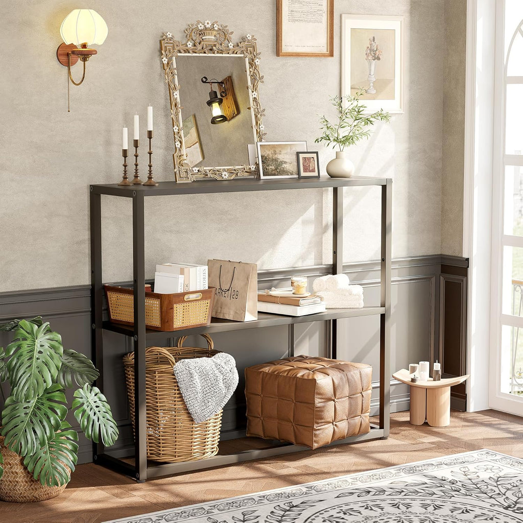 TIQLAB Small Entryway Table, 29.5" Narrow Console Table with Shelves, Sofa Table, Couch Table, Side Table, Entry Table for Hallway, Living Room, Small Space, Black