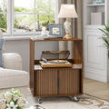 Side Table with Storage, Small End Tables with Sliding Door, Rolling Night Stand with Wheels, Mid Century Modern Bedside for Living Room, Bedroom, Small Space (Walnut)
