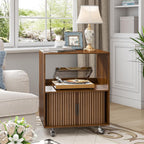 Side Table with Storage, Small End Tables with Sliding Door, Rolling Night Stand with Wheels, Mid Century Modern Bedside for Living Room, Bedroom, Small Space (Walnut)