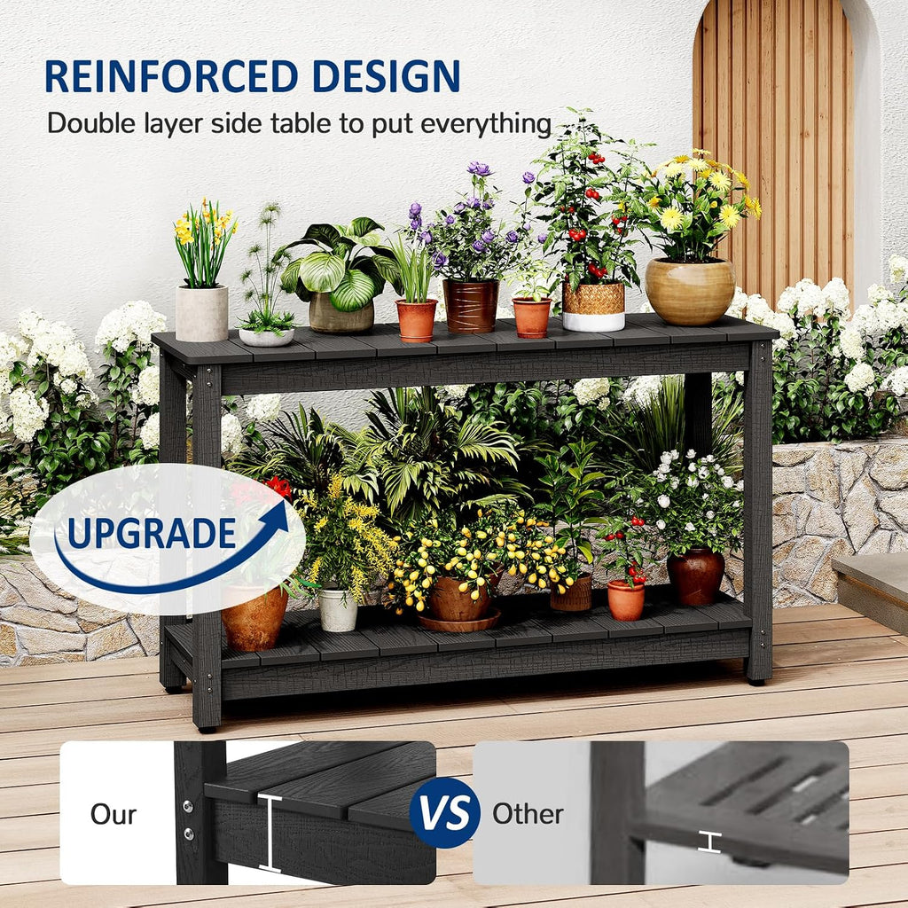 Outdoor Console Table, 48" Weather Resistant HIPS Patio Side Table, 440LBS Weight Capacity, 2-Tier Multifunctional Buffet Bar Storage Organizer for Garden Deck, Black