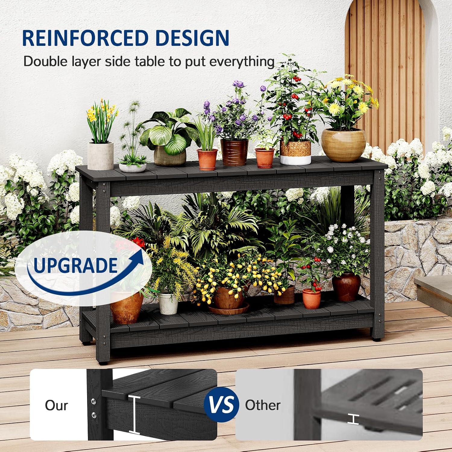Outdoor Console Table, 48" Weather Resistant HIPS Patio Side Table, 440LBS Weight Capacity, 2-Tier Multifunctional Buffet Bar Storage Organizer for Garden Deck, Black