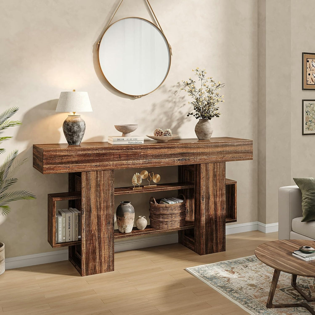 Feonase 63 Inches Long Console Table for Entryway, Wood Sofa Table Behind Couch with 3-Tier Storage, Narrow Entry Hallway Table for Living Room Entrance Foyer, Rustic Brown