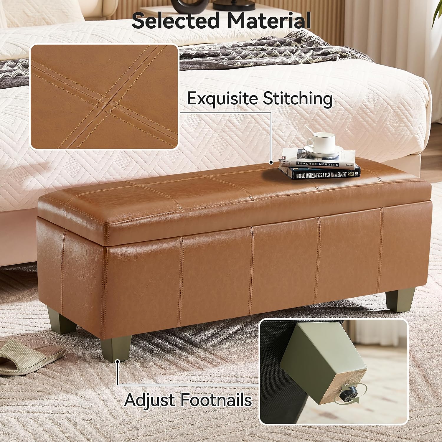 WUTUTUEE 41" Faux Leather Storage Ottoman, Stitch Tufted Rectangle Upholstered End of Bed Storage Bench, Entryway Large Couch Ottoman with Wooden Legs, Light Brown