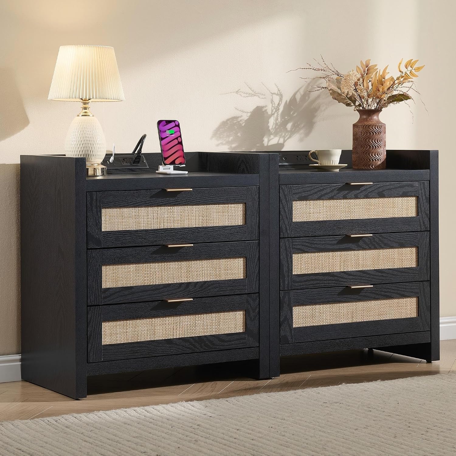 SICOTAS Nightstands Set of 2 : Rattan Tall Bedside Table with 3 Drawers | Farmhouse Boho Night Stand with Type-C Charging Station, Storage, Larger End Table Side Table for Bedroom Office