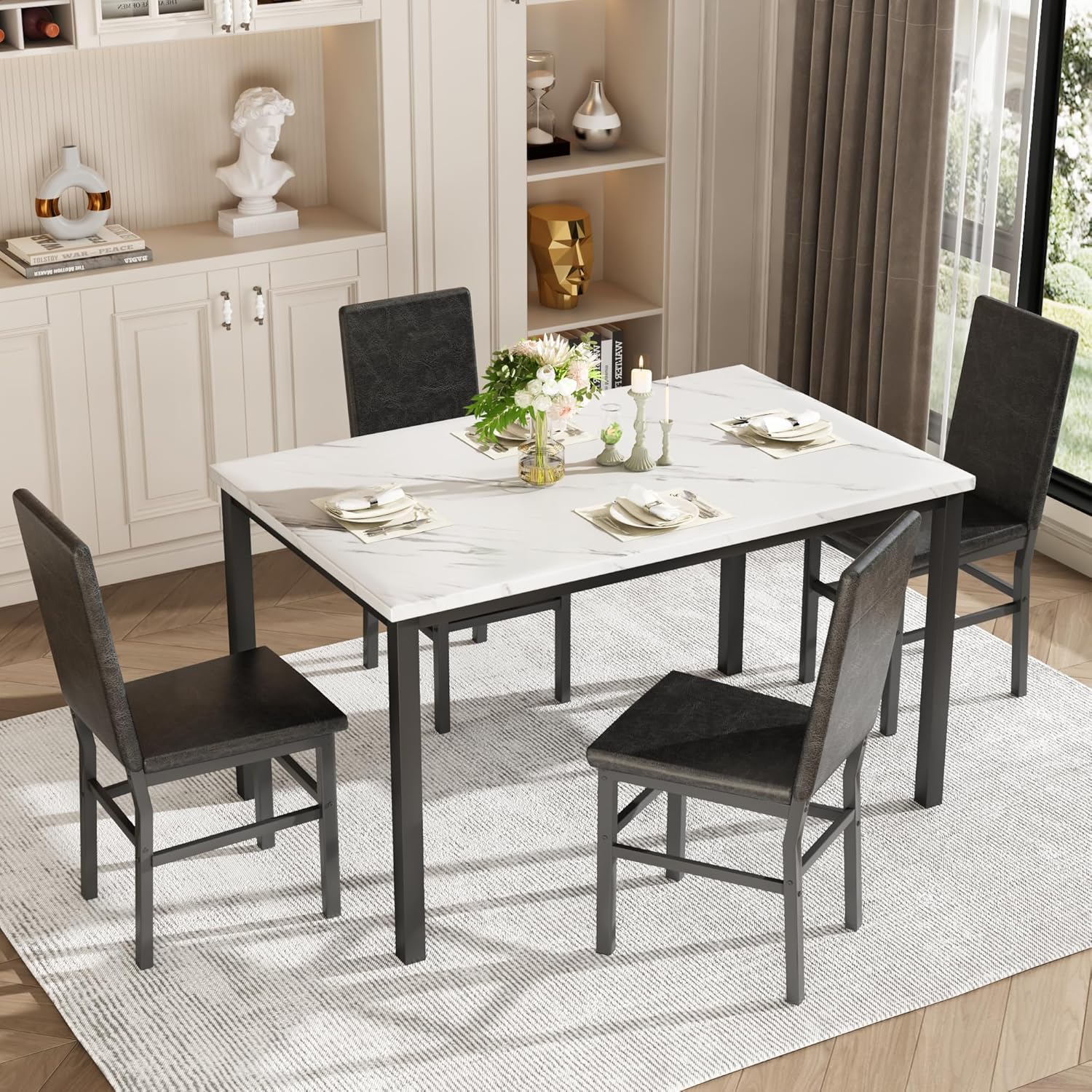 Dining Table Set for 4, 5-Piece Faux Marble Dining Set,4 Upholstered PU Chairs, Modern Kitchen Table Furniture for Dining Room,Compact Space-Saving Faux Marble Tabletop (White + Black)