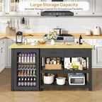 DynJest 60" Solid Rubberwood Kitchen Island with Storage & Leg Room, Black | Coffee Bar Buffet Cabinet w/ Fridge Space & Power Outlets, 2 Drawers & 6 Hooks, Large Countertop, for Home Office Dining Room