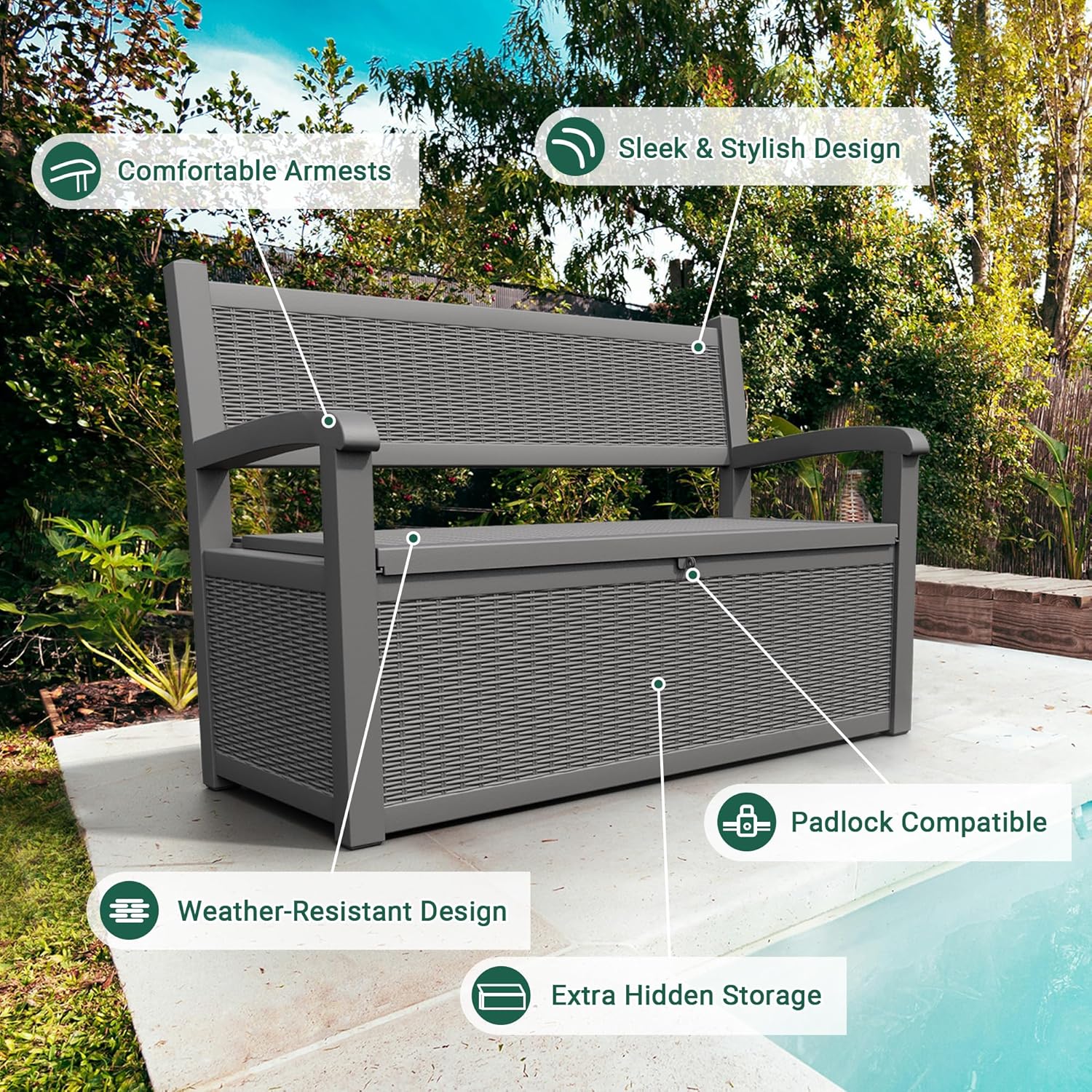 LHBcraft 70 Gallon Outdoor Storage Bench Deck Box Lockable for Patio Furniture, Outdoor Porch Bench with Storage Waterproof for Cushions, Garden Tools and Pool Supplies, Grey