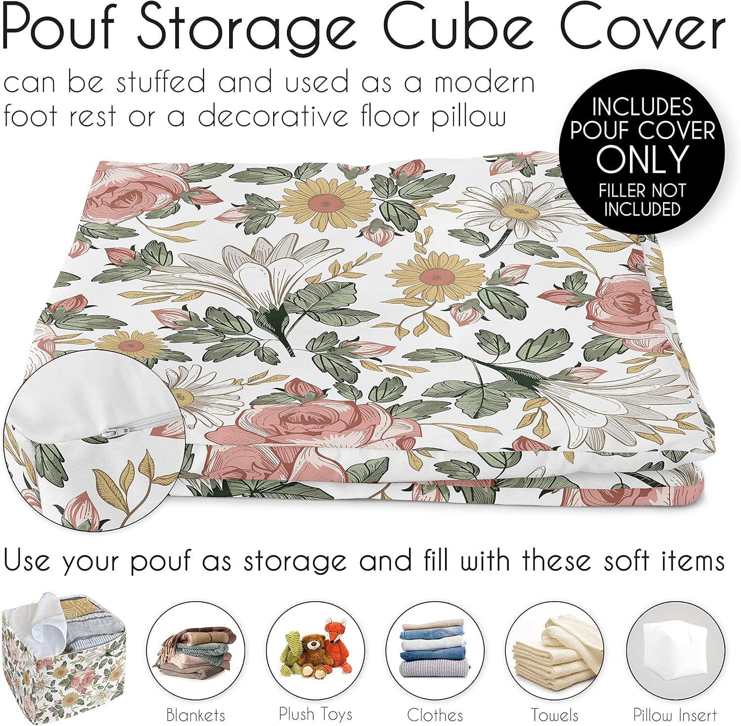 Sweet Jojo Designs Blush Pink Yellow Vintage Floral Boho Girl Ottoman Pouf Cover Unstuffed Poof Floor Footstool Square Cube Pouffe Storage Baby Nursery Kids Room Bohemian Shabby Chic Farmhouse White