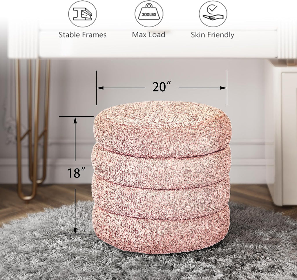 allamazing Storage Ottoman, Round Ottoman with Storage, Vanity Stool Foot Rest with Removable Lid, Round Boucle Upholstered for Living Room Pouf Footstool (Pink)