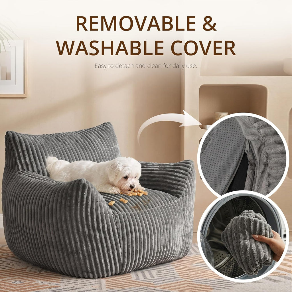 Bean-Bag Chair for Adults Teens - Large Corduroy Bean Bag Chairs with Back Support and Armrests, Adult BeanBag Lazy Sofa with Filler for Living Room, Bedroom, Reading, Grey
